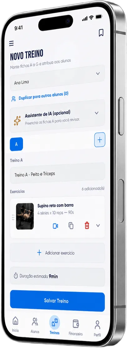Construtor de treinos do Vigoru com o assistente de IA aberto, mostrando objetivo, nível e número de exercícios