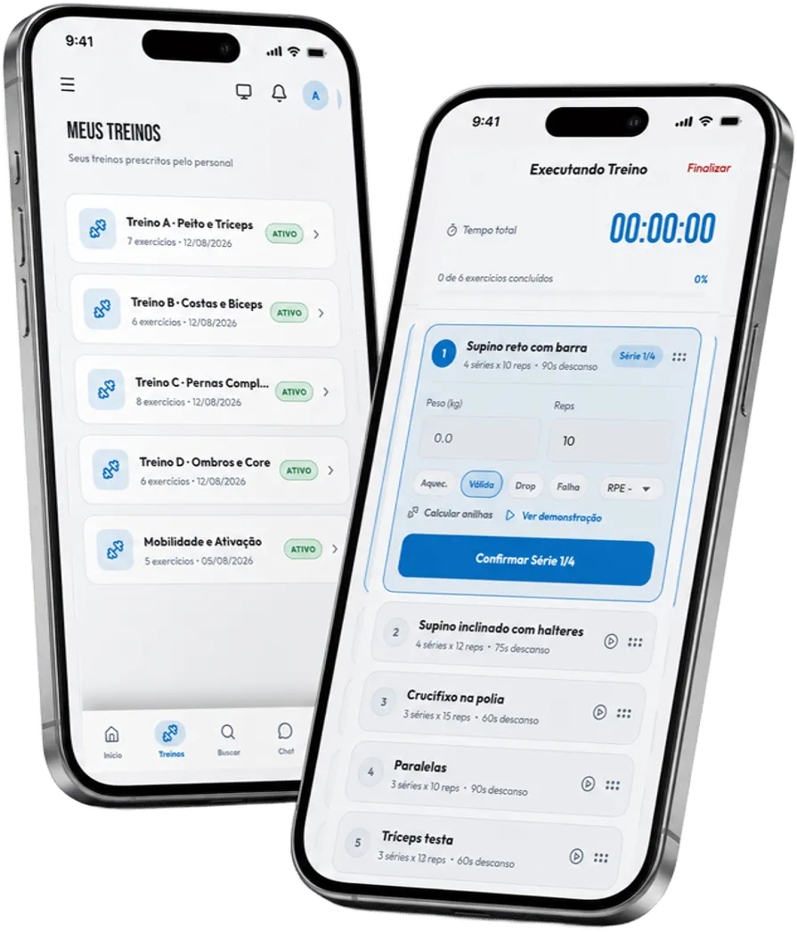 App do cliente em dois celulares: a lista de treinos prescritos e a execução da série com peso, repetições e cronômetro