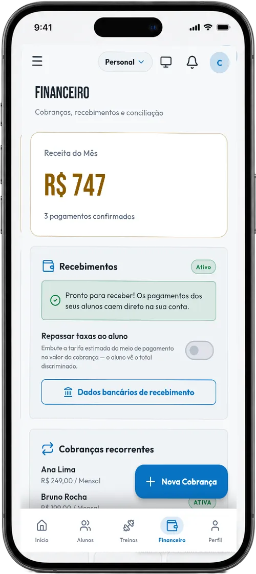 Painel financeiro do Vigoru com receita do mês, status de recebimentos e cobranças recorrentes