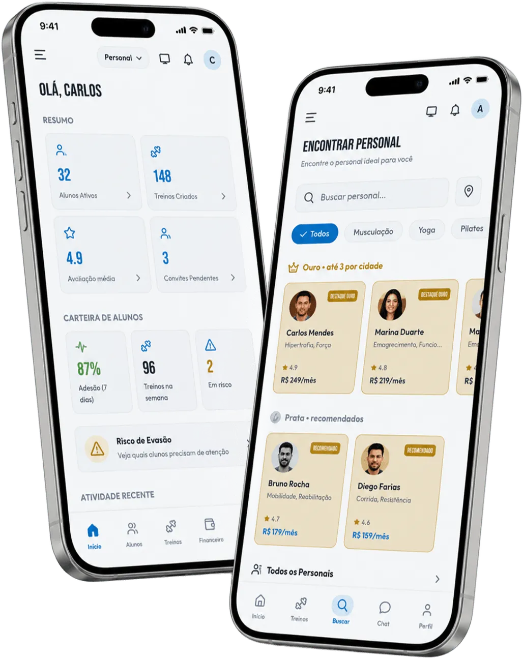 App Vigoru em dois celulares: a busca de personais do cliente e a tela inicial do personal com clientes ativos, treinos criados e adesão da carteira