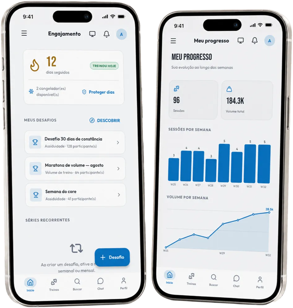 App do cliente em dois celulares: a sequência de dias treinados com os desafios e os gráficos de sessões e volume por semana